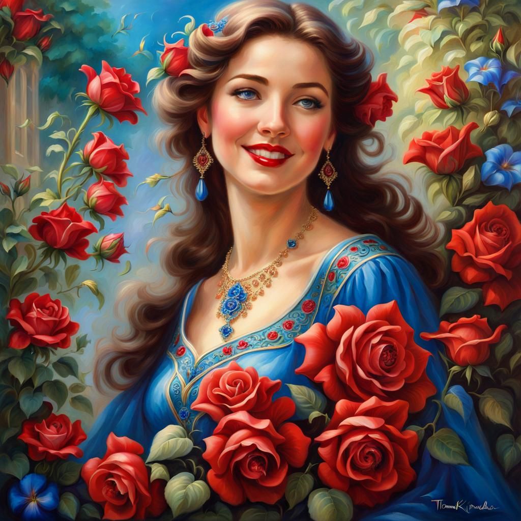 Happy Woman in Floral Dress: Fantasy Oil Painting