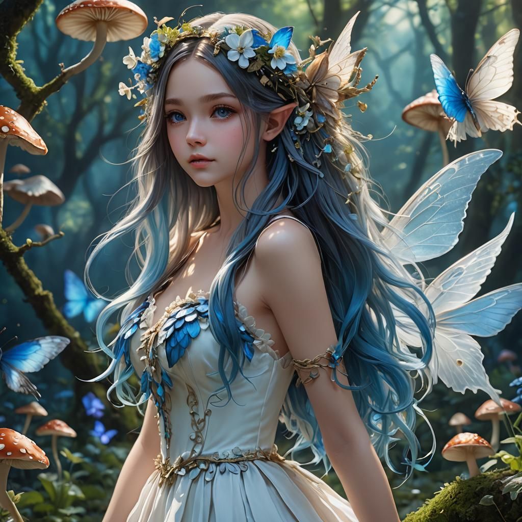 Elegant Fairy with Blue Wings in Mushroom Land