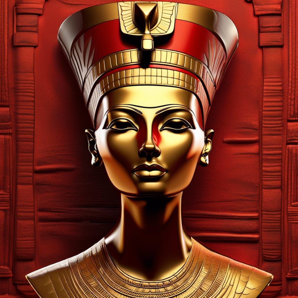 Gold and Red Nefertiti Bust, Detailed Acrylic Art
