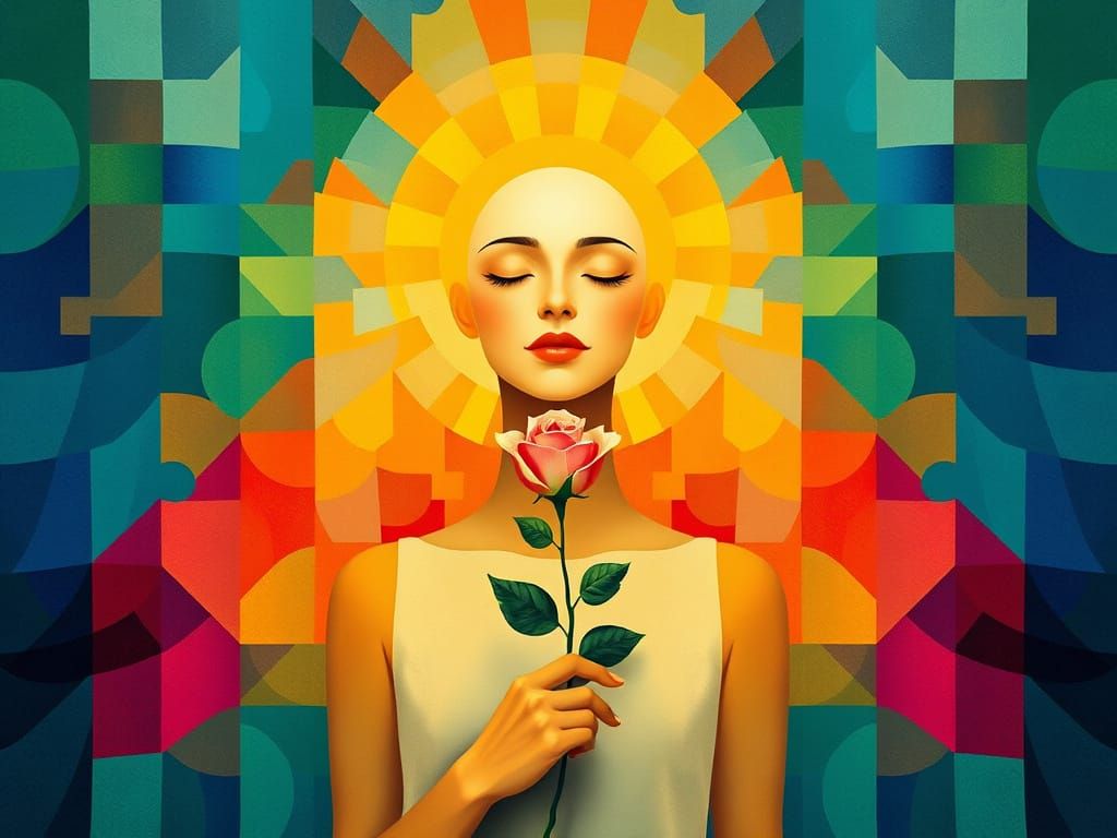 Radiant Woman Surrounded by Geometric Abstract Background wi...