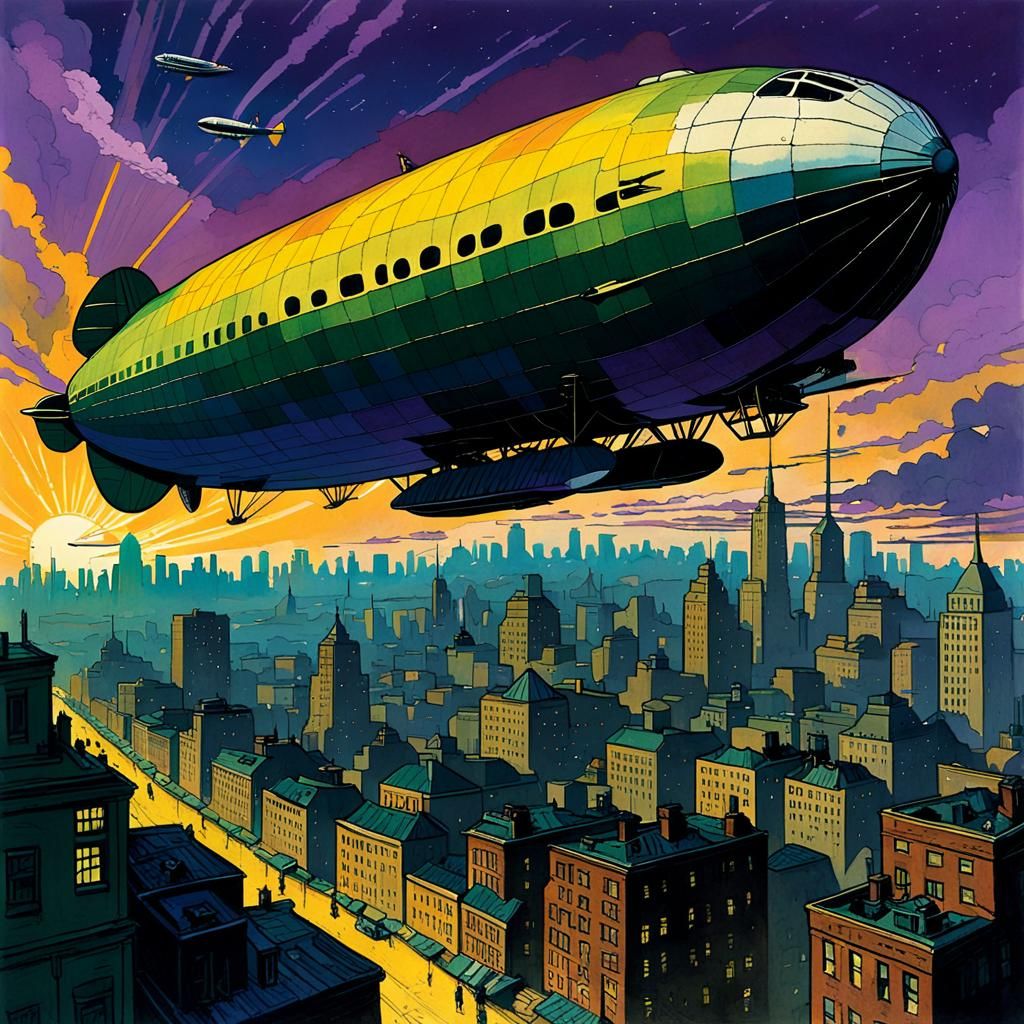 Zeppelin Sunset Over Metropolis: Color Illustration