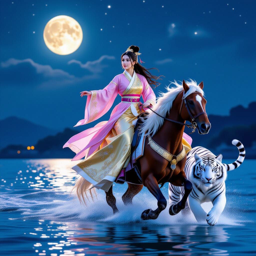 Girl on Horse Followed by Tiger in Moonlight