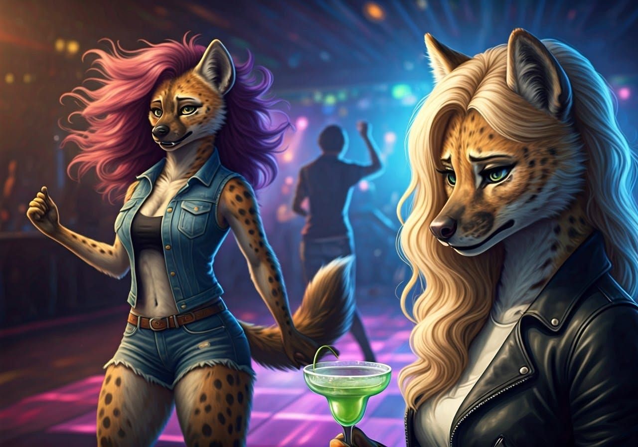 Hyperreal Dance Club Scene with Anthro She-Hyenas