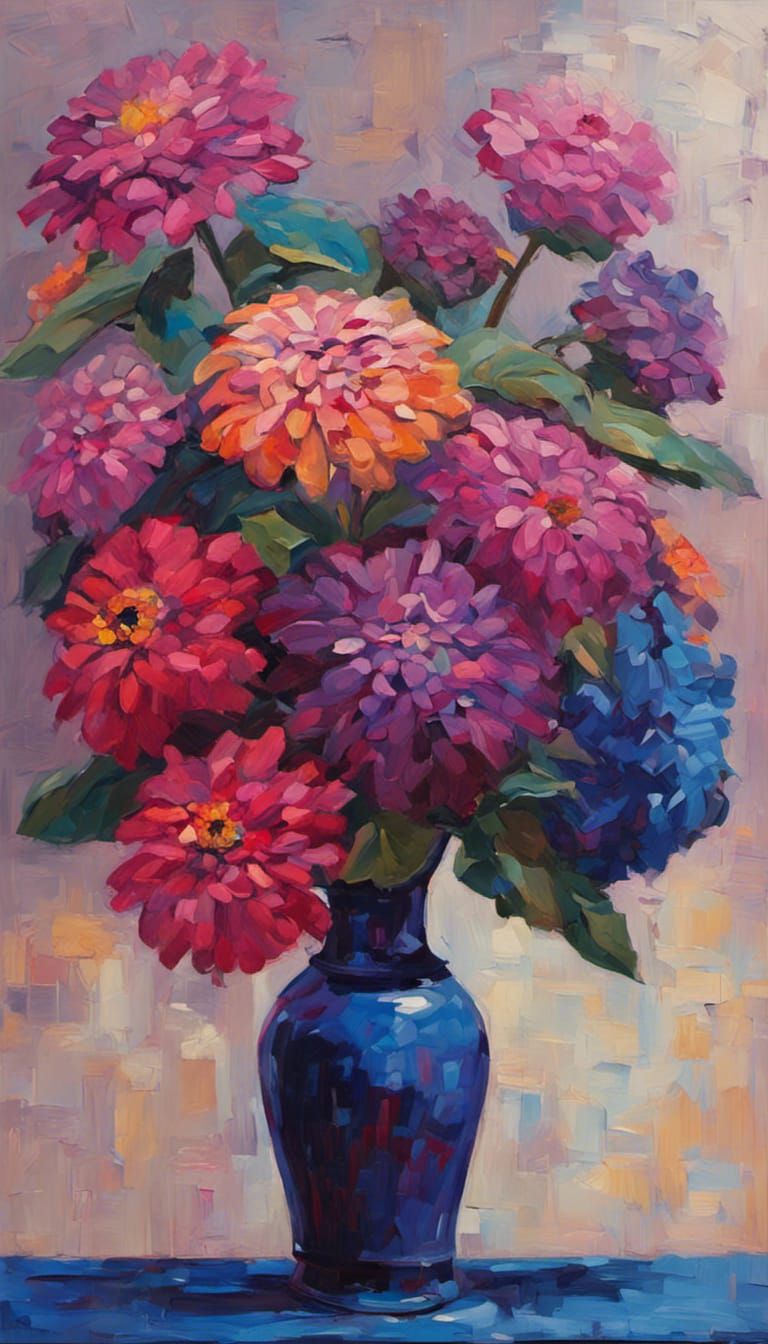 Thick Oil on Canvas :: Dark Mauve Zinnia :: Bud Vase Half Filled with Water :: Vibrant Cobalt Blue and Fuchsia Linear...