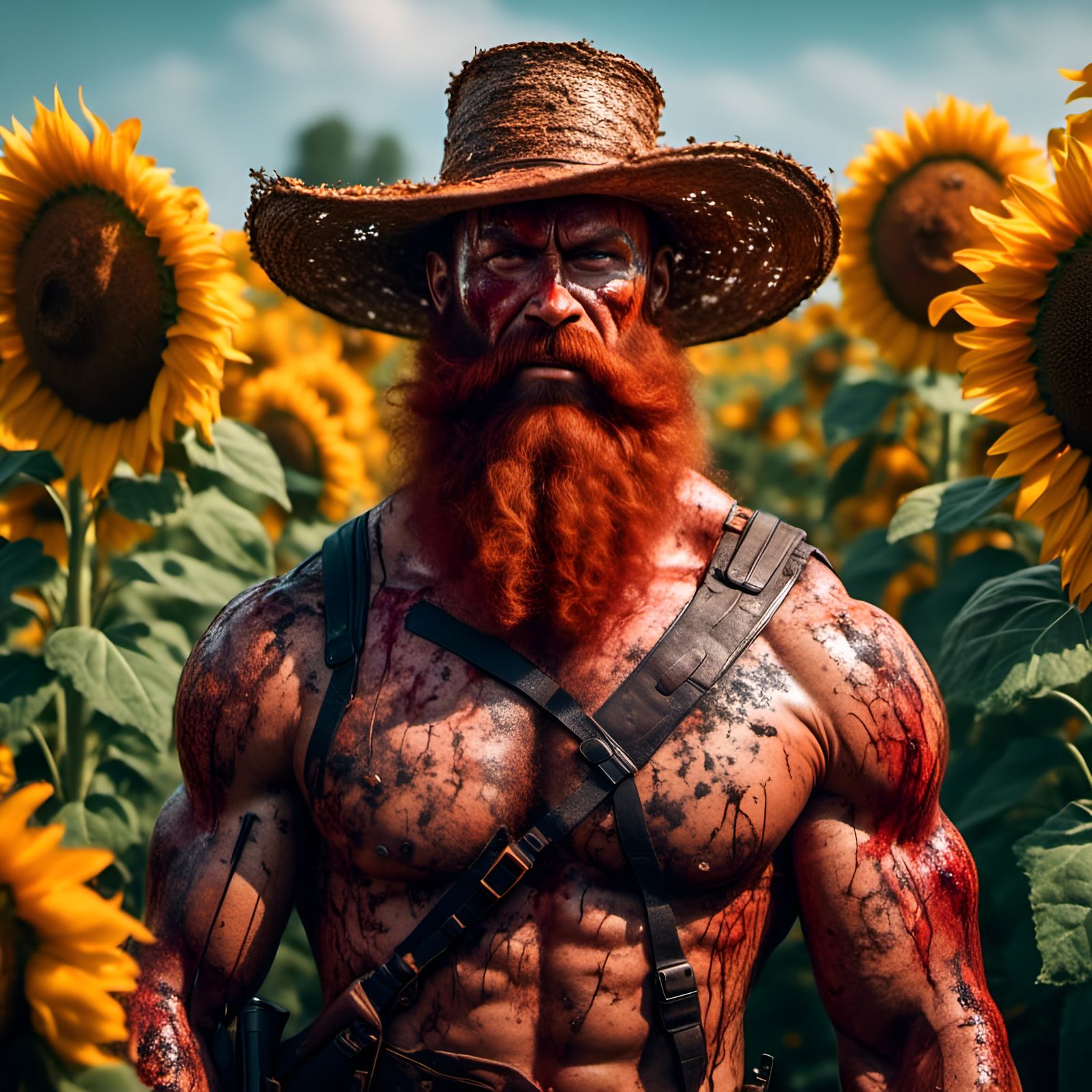 Muscular Rambo Portrait in Sunflower Field with Graffiti