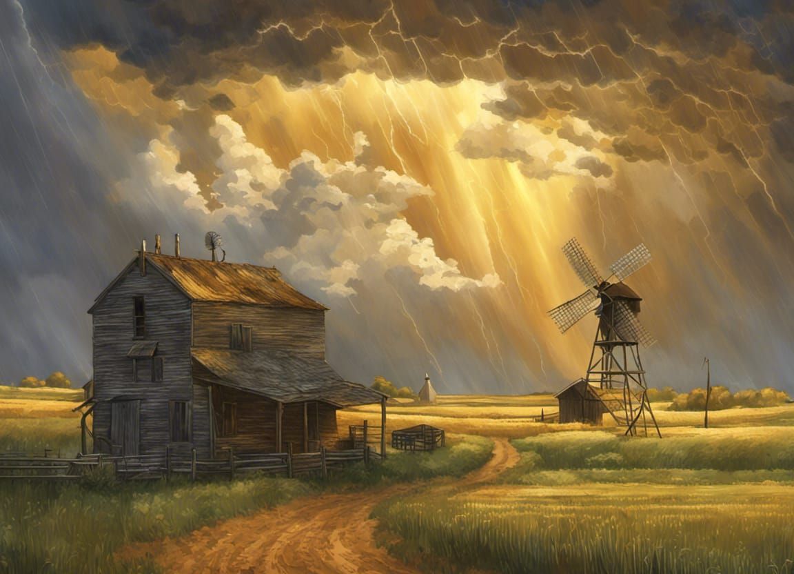 Kansas Farm and Windmill in Lightning Storm