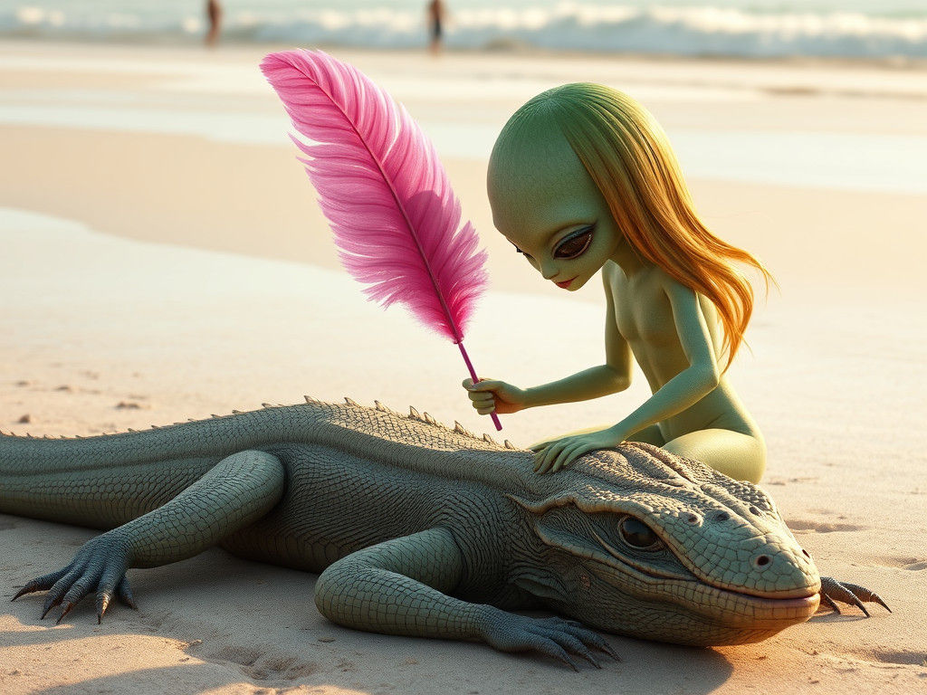 Reptilian Alien Relaxing on Beach, Tickled by Girl