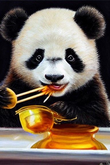 Cute Baby Panda Eating Honey at Night