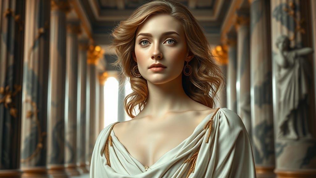 Regal Greek Goddess in Temple Hall