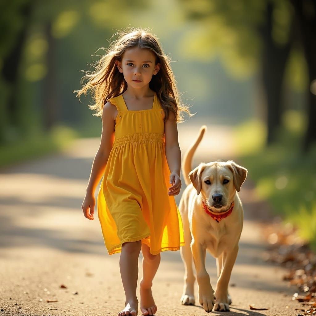 Woman Walking Labrador Retriever in Natural Light