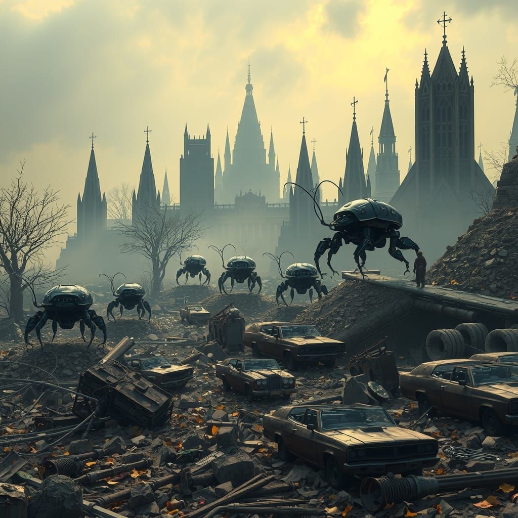 Cyborg Cockroaches Marching in Gothic Post-Apocalyptic Ruins