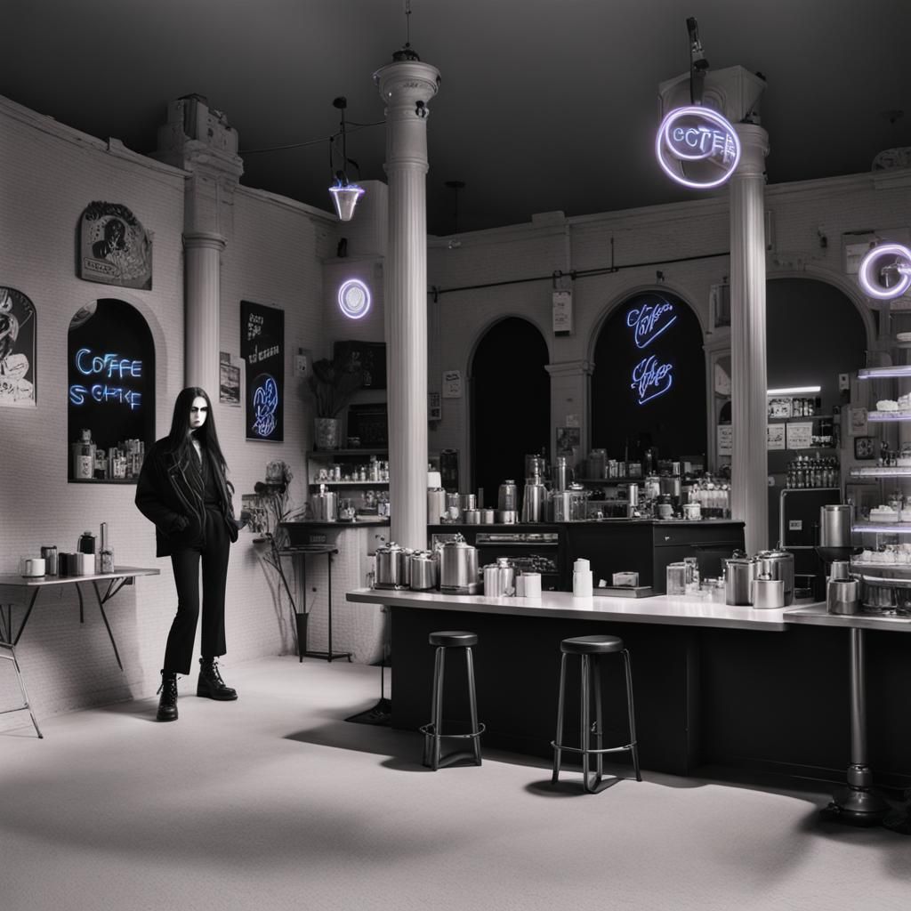 Goth Model in Neon Cyberpunk Coffee Shop