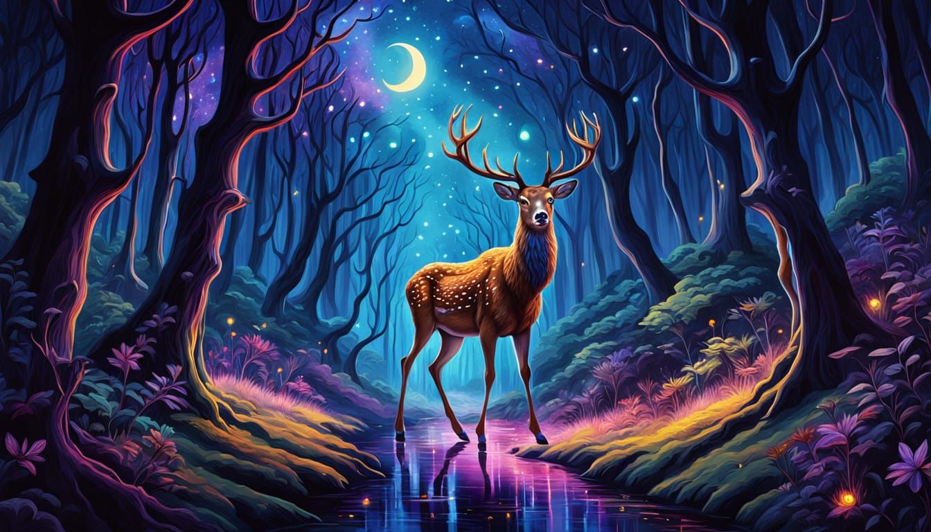 Magical Deer Leads Travelers Through Starry Forest