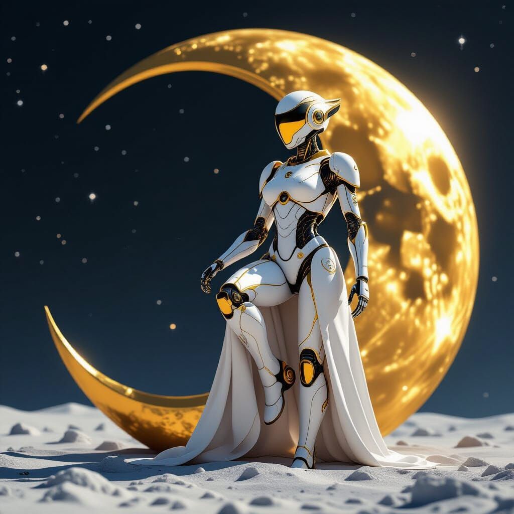 Robot Woman Lands on Golden Moon