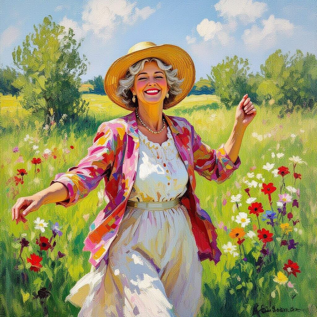 Happy Senior Woman Dancing in Impressionist Meadow