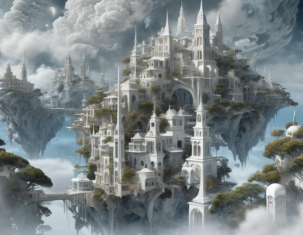 Floating Cosmic City in Pre-Raphaelite Style
