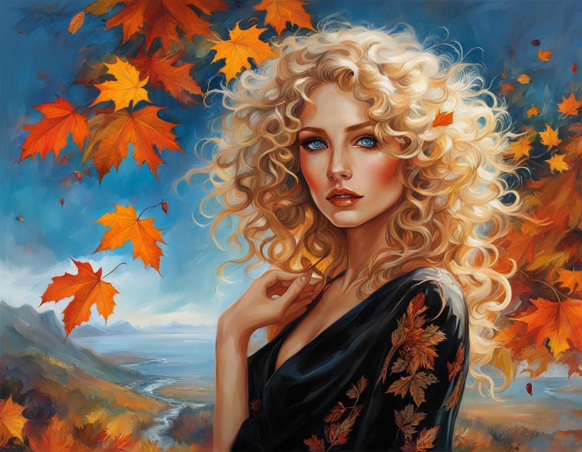 Autumn Portrait of Blonde Woman with Filigree Dress