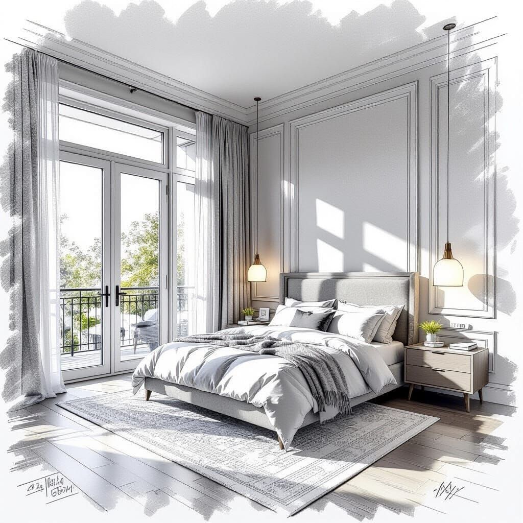 Architectural Bedroom Design Sketch with Measurements