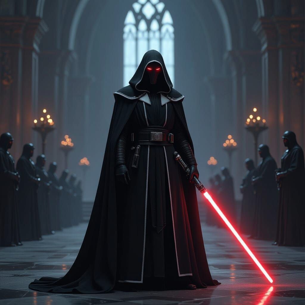 Sith Lord in Castle with Lightsaber, Dark Realism Style