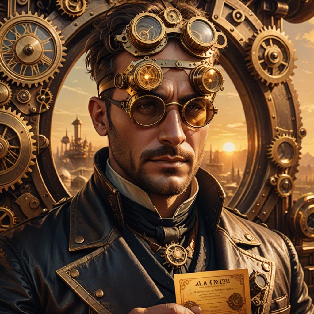 Steampunk Man Holds Ticket in Sunrise Glow