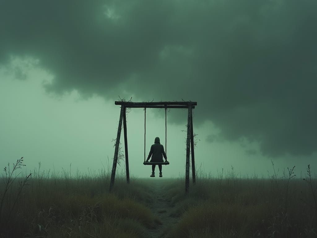 Surreal Figure Swings in Abandoned Field Under Dark Sky
