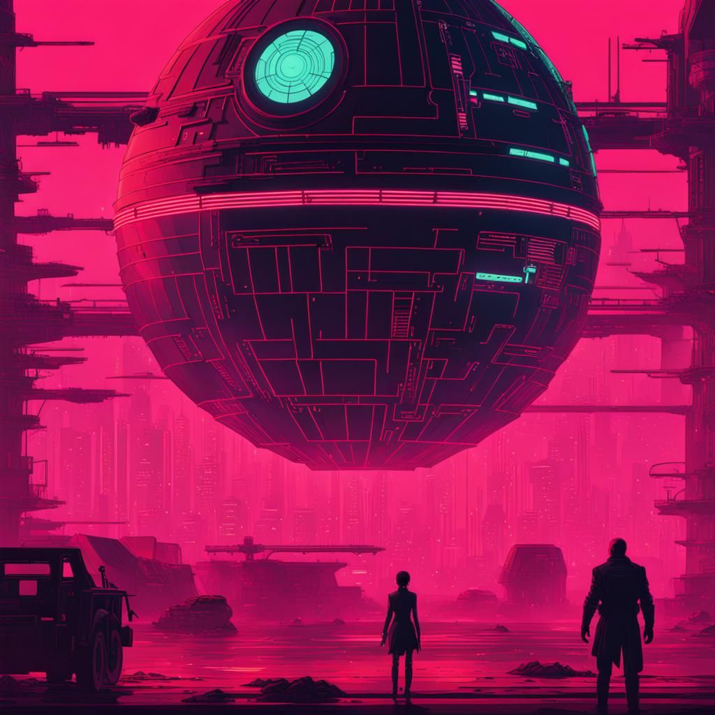 Death Star in Cyberpunk 2099 Neon Cityscape
