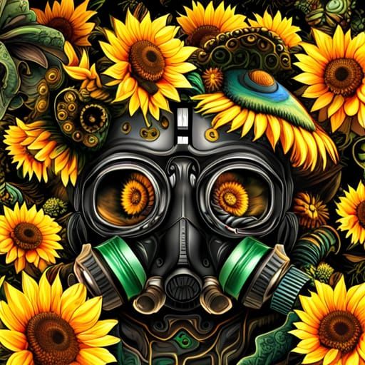 Cyberpunk Man with Sunflower Hat Digital Illustration