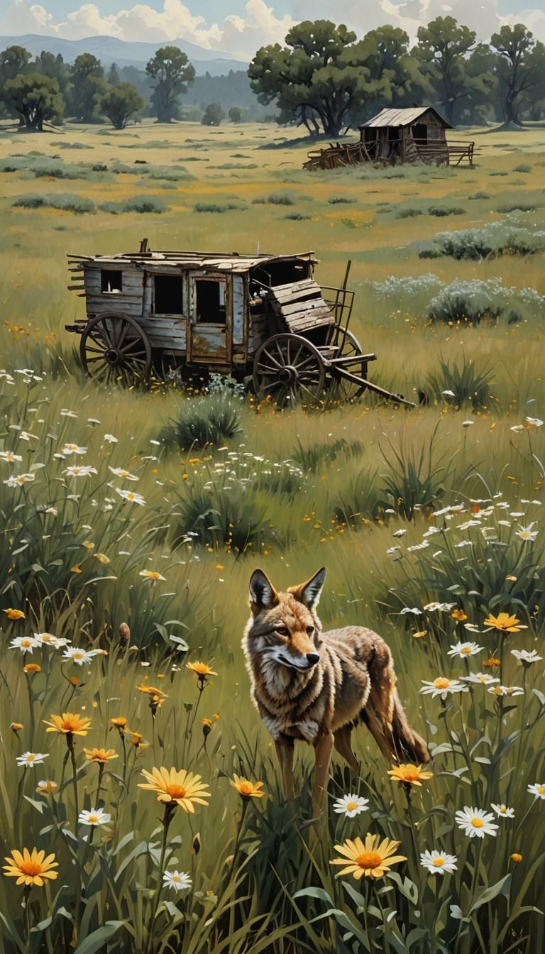 Sinister Coyote Near Derelict Wagon, Digital Art