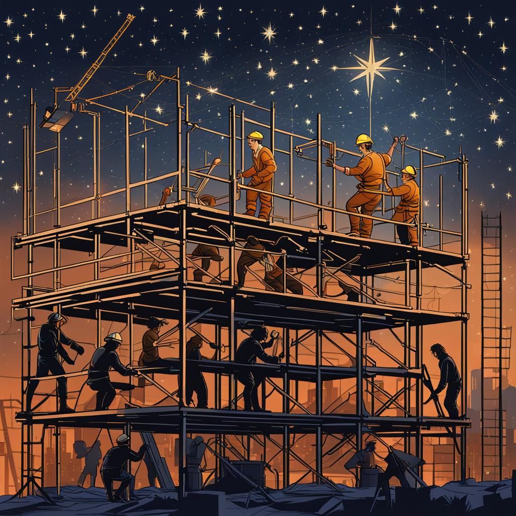 a group of centaurs dressed as construction workers work on the iron scaffolding of a building while the constellation o...