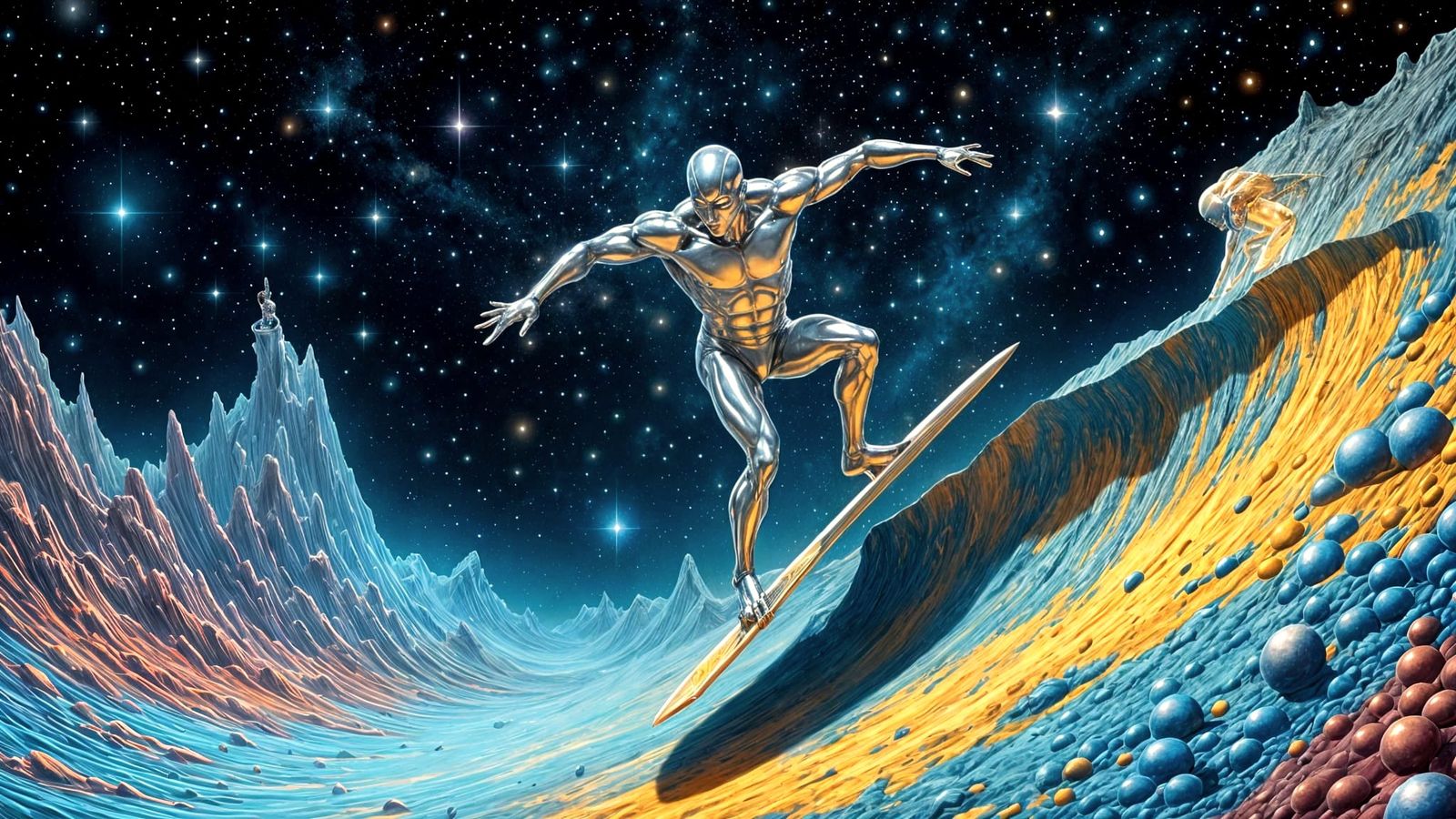 Silver Surfer Soars Through Cosmic Sky
