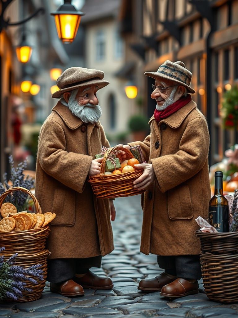 Cozy Evening Marketplace Scene with Felt-Crafted Elders