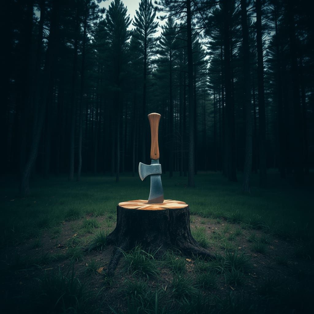 Mysterious Pine Forest Scene with Abandoned Axe
