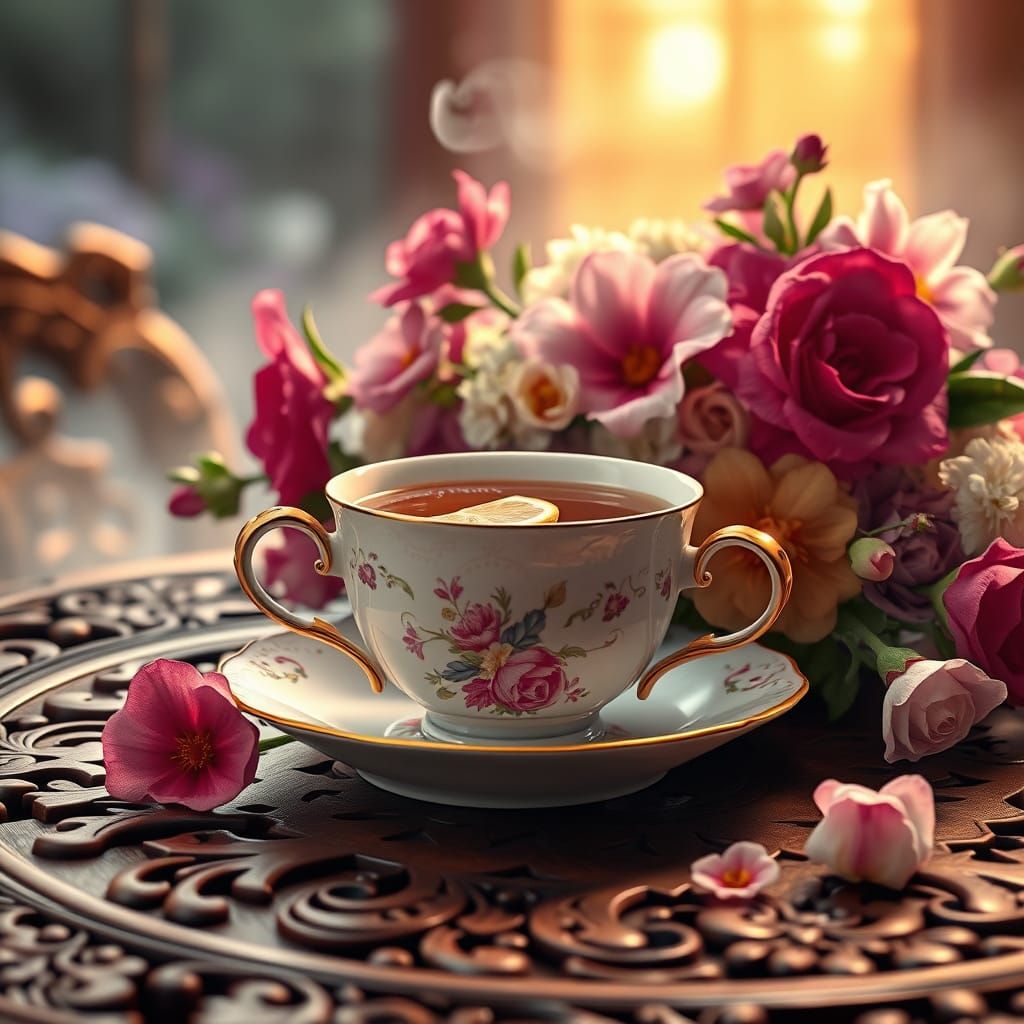 Steaming Tea in an Antique China Teacup with Vibrant Flowers
