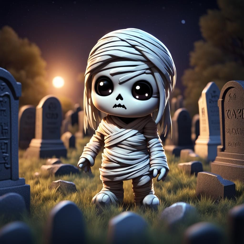 Cute Chibi Mummy in Graveyard at Night