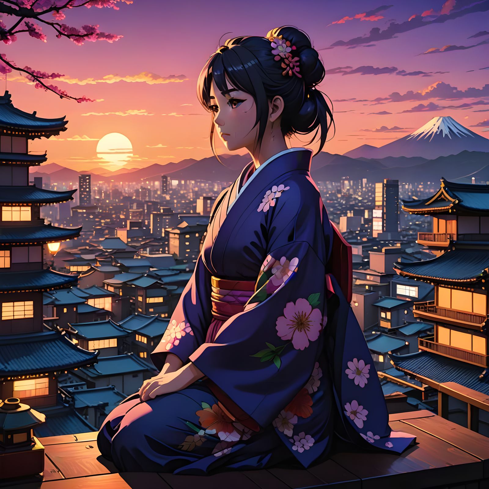 Surreal Anime Goddess in Traditional Kimono Overlooks Bustli...
