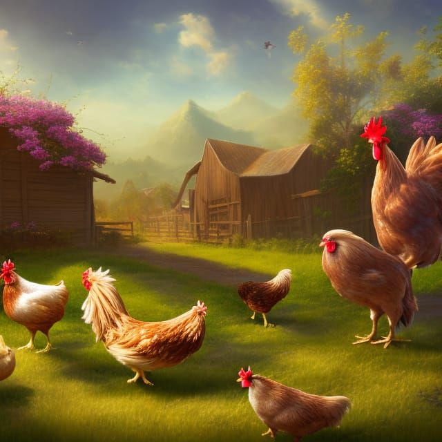 Golden Laced Chickens in a Sunny Farm, Matte Painting