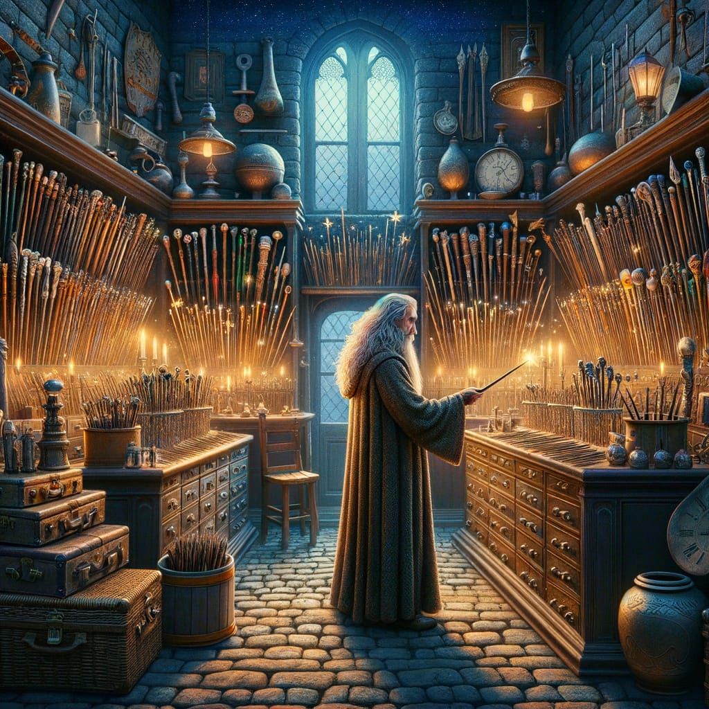 Enchanting Wand Shop with Wizard and Magical Items