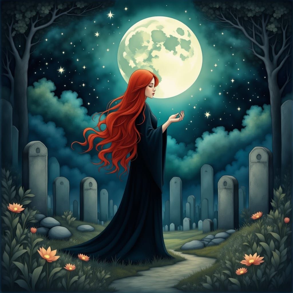 Red-Haired Witch Seance in Moonlit Graveyard, Anime Style