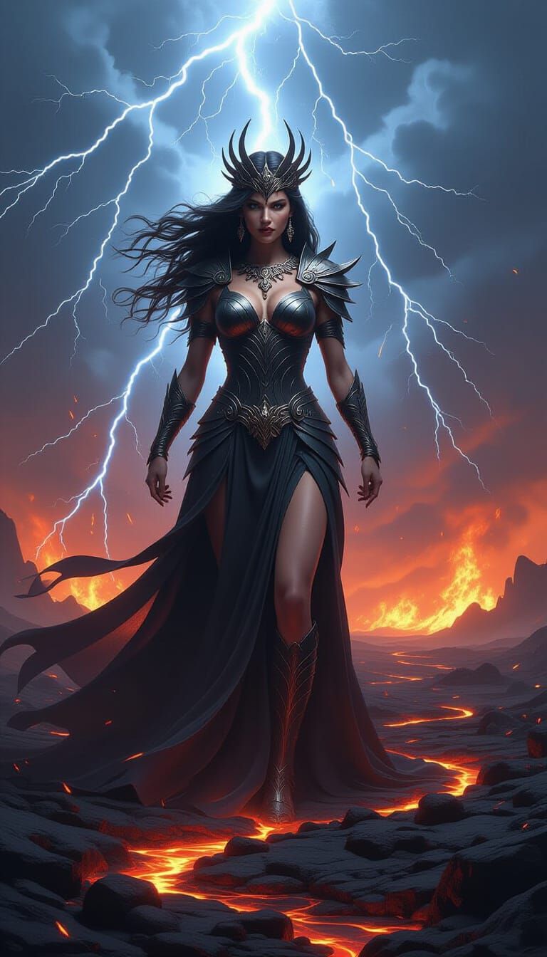 Goddess Commands Storm Over Volcanic Landscape