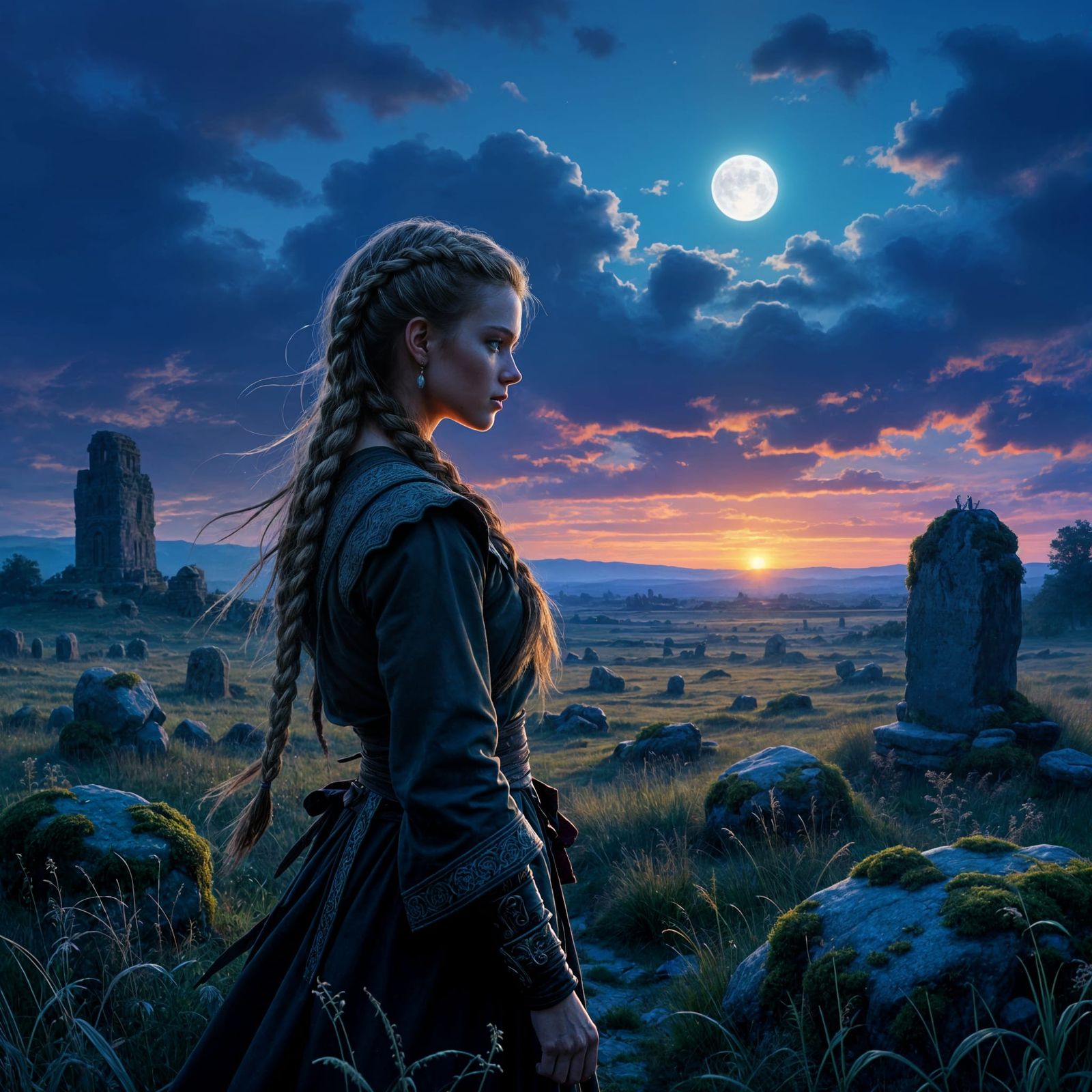 Viking Maiden in Twilight Fields, Lost History Matte Paintin...