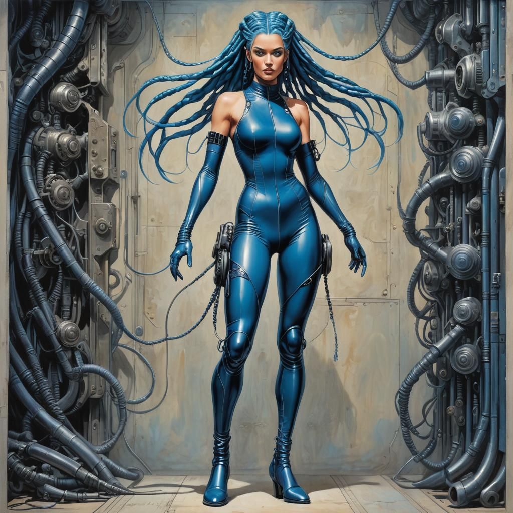 Retro-Futuristic Woman with Blue Hair in Giger Style