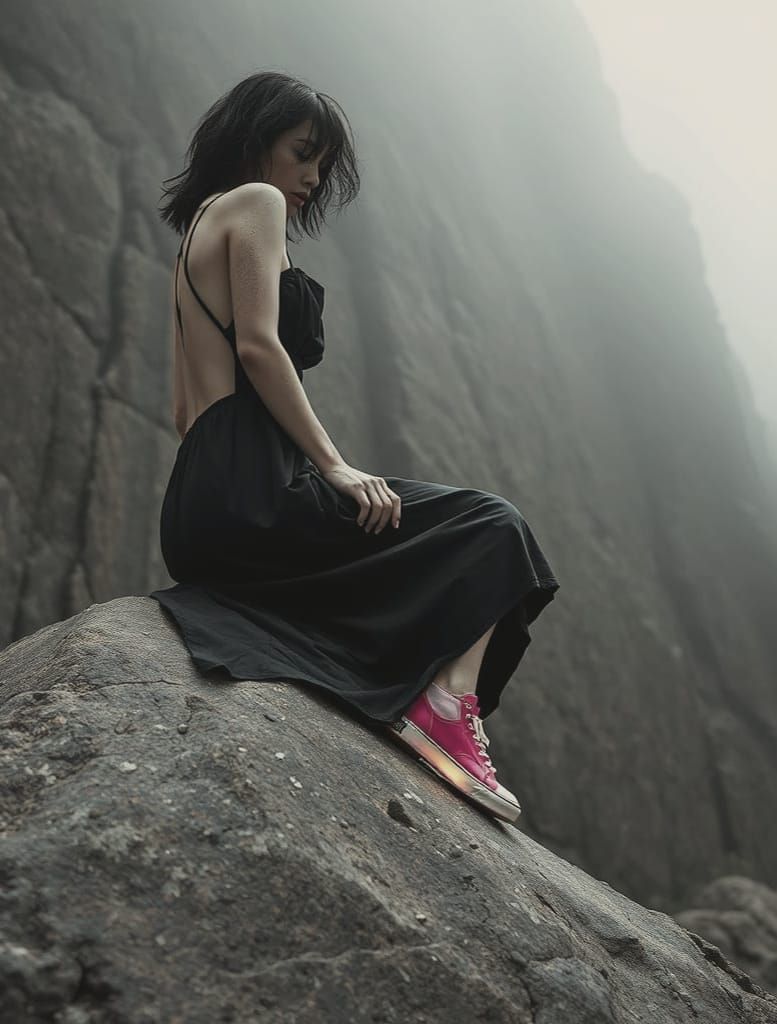Woman in Silk Dress with Pink Sneakers