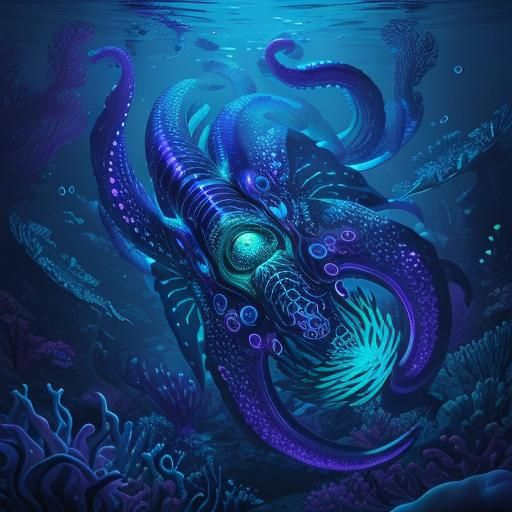 Neon Cephalopod: Bio-Luminescent Underwater Illustration