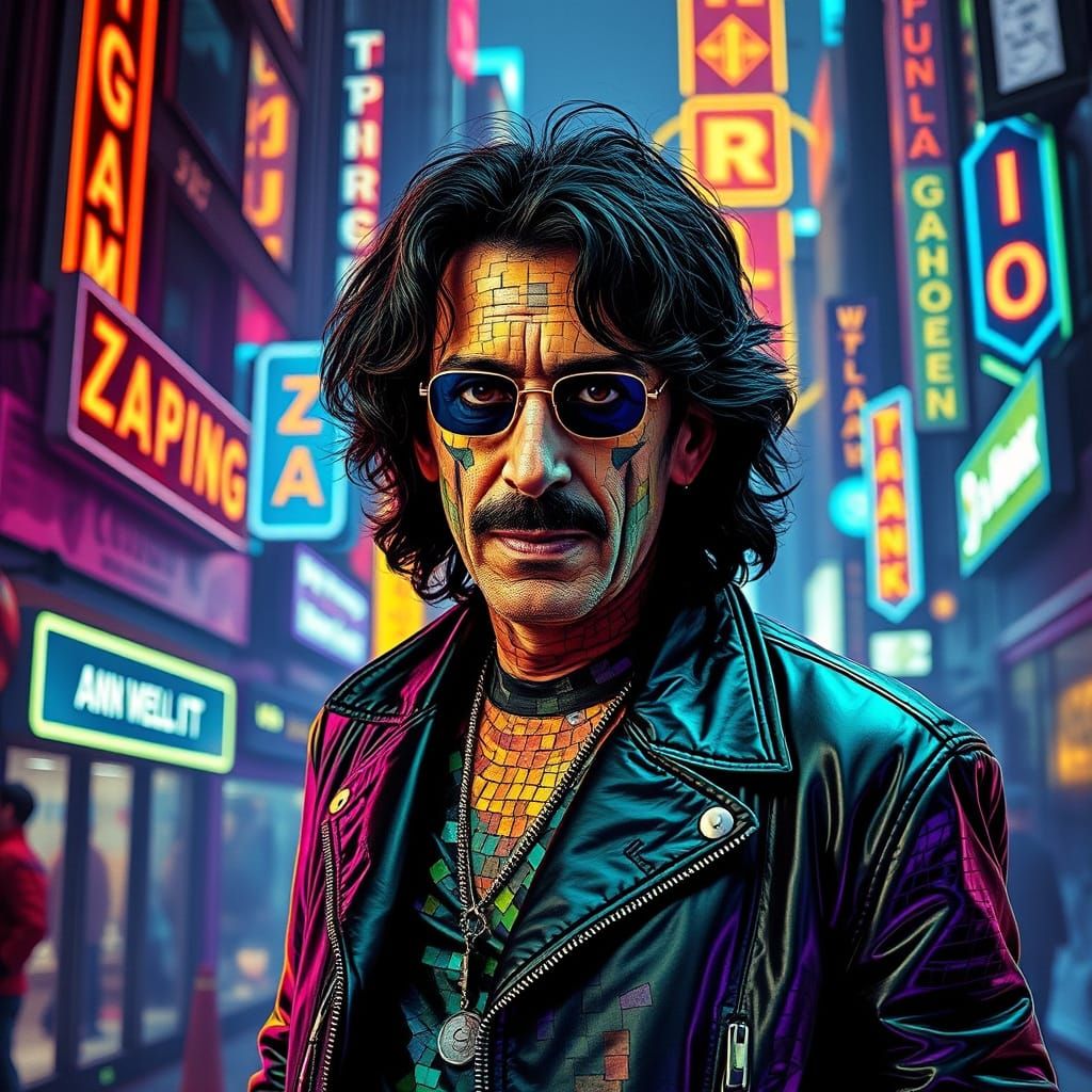 Frank Zappa Mosaic Portrait in Cyberpunk Cityscape
