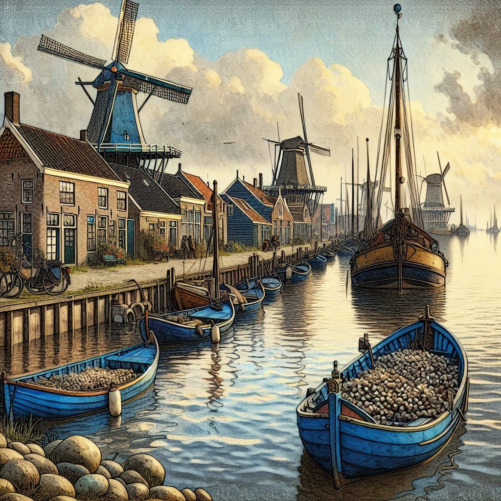 Dutch Harbor Scene with Windmill in Watercolor Style