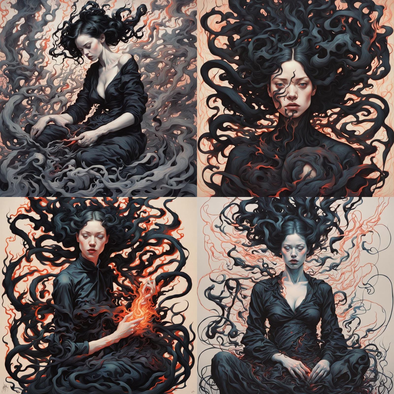 Chaotic Flame Woman Sewing, Surrealist Style