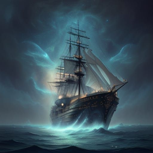 Ornate Battleship in Surreal Dreamlike Ocean and Nebulae Sky