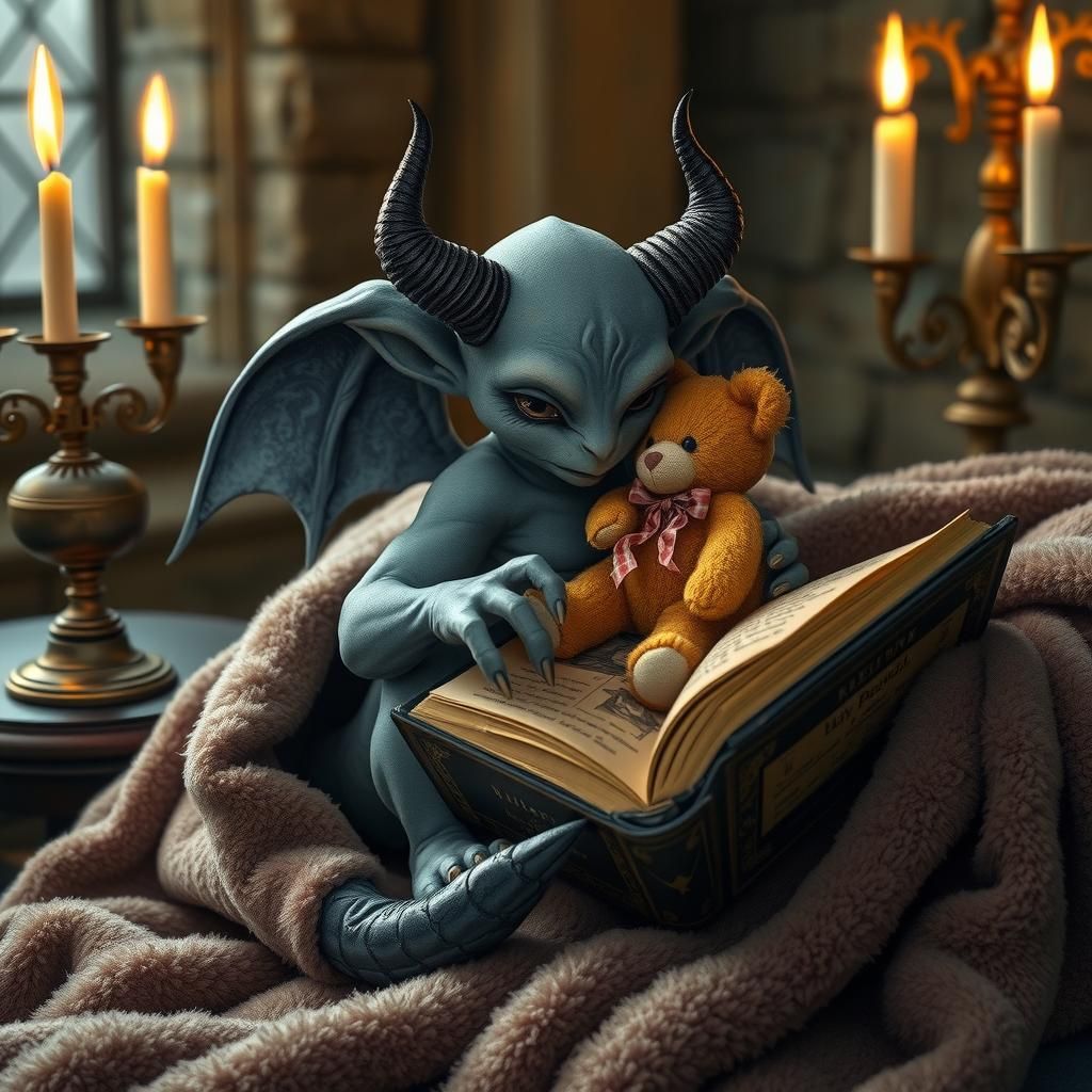 Endearing Demon Gargoyle Reading a Grimoire