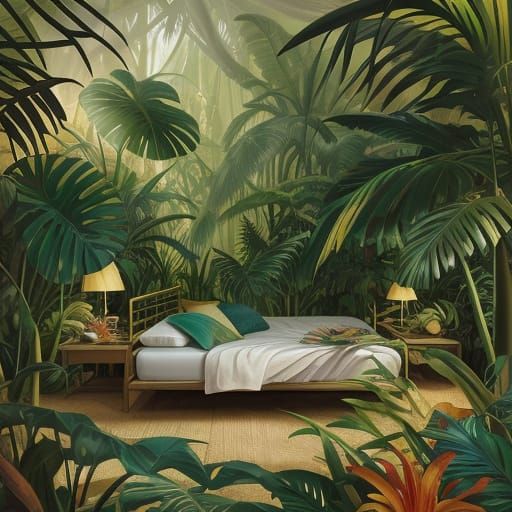 Cozy Jungle Bed in Vibrant Oil Painting Style