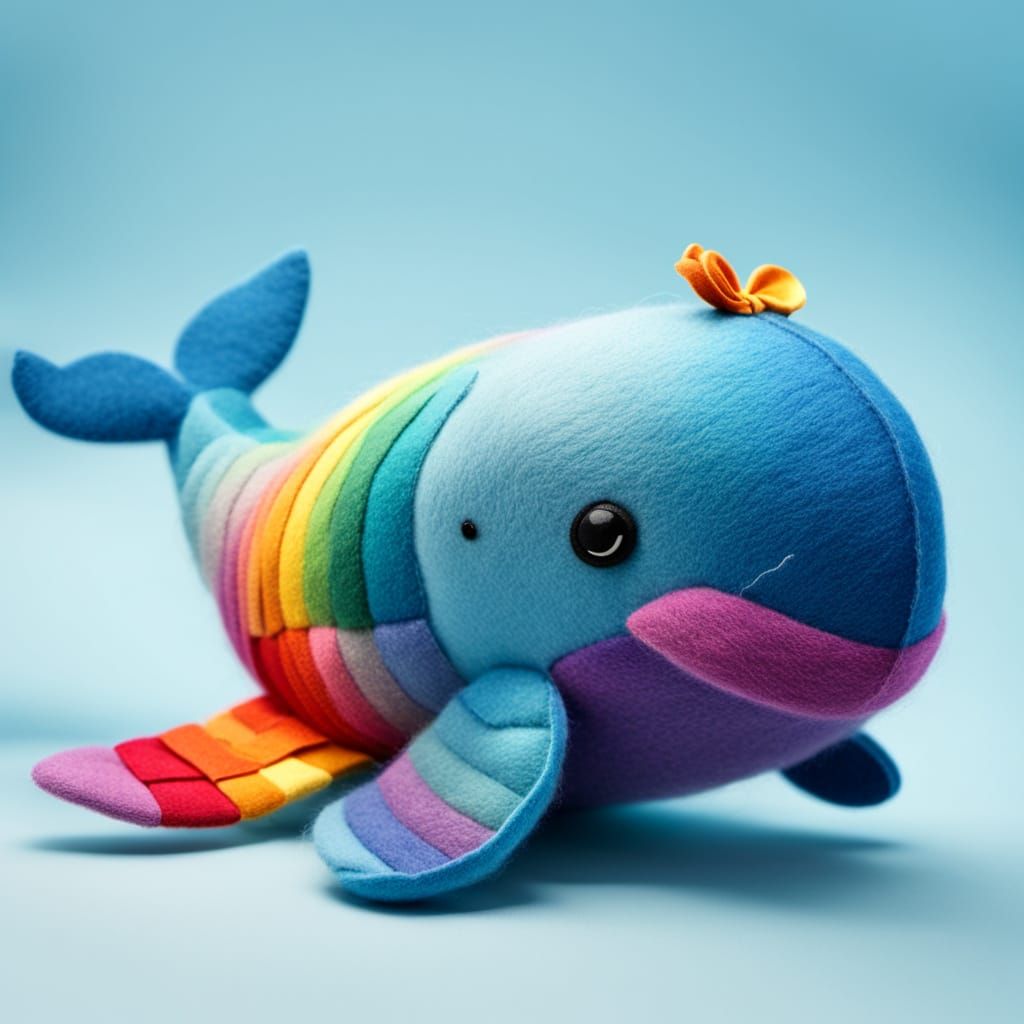 Cute Blue Felt Whale with Rainbow Bow - Textile Art